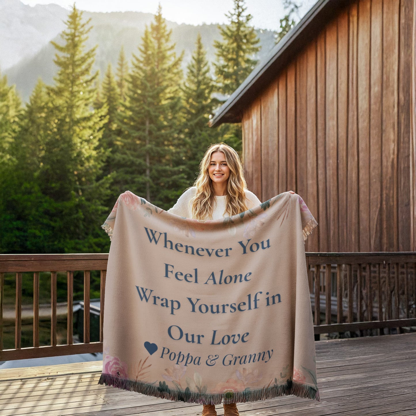Customized Flower Love Wrapped Woven Blanket (landscape)